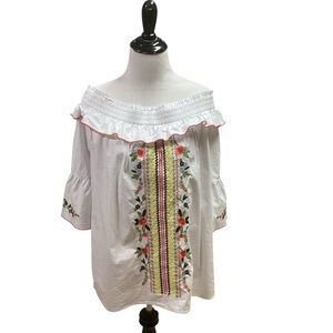 Grand and Greene Women's L Large Off the Shoulder Blouse Top Ruffled Embroidery